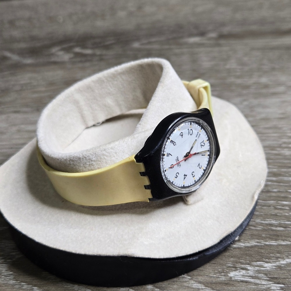 Swatch Swiss Quartz Watch White Dial & Band Black S740 Classic 1980s parts